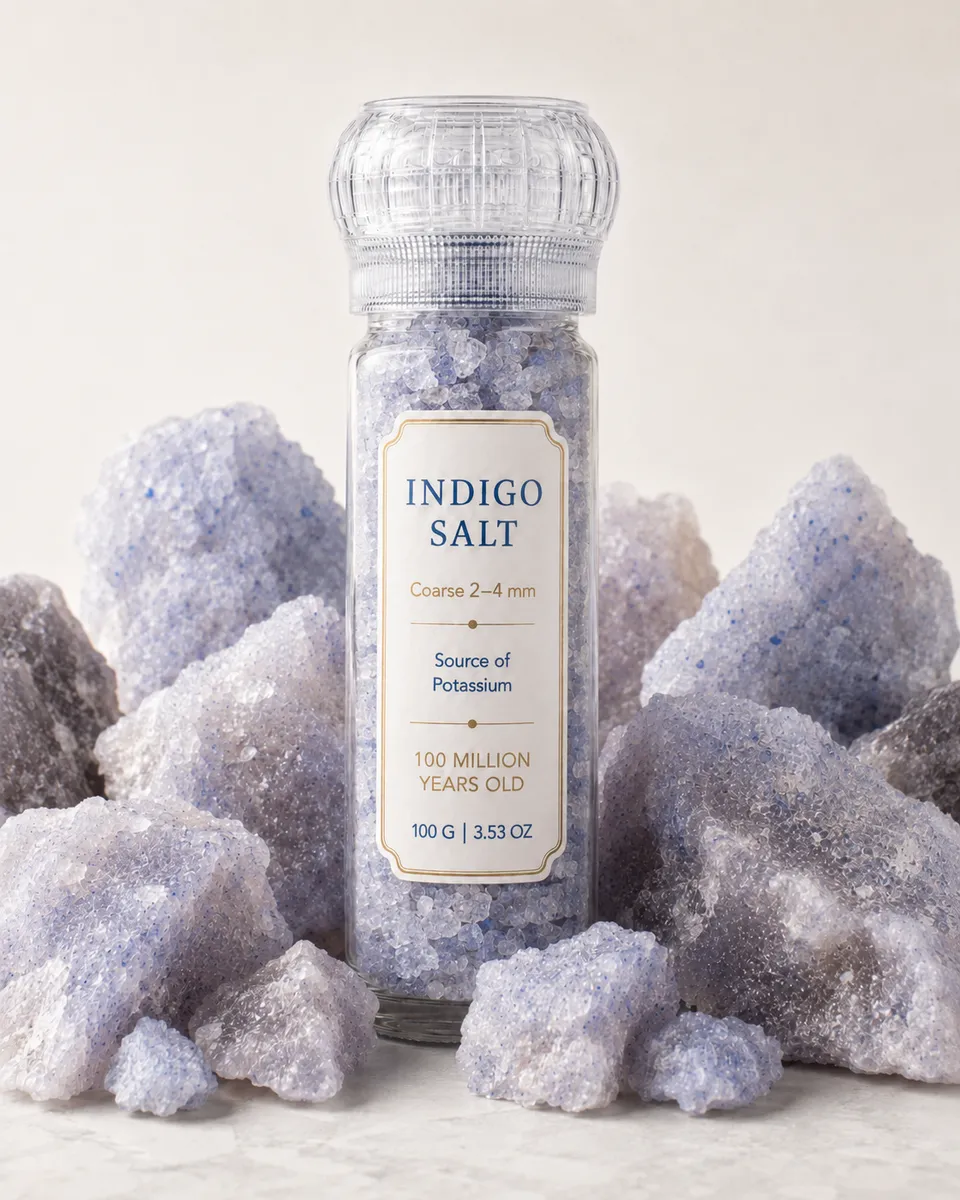 Indigo Salt coarse grinder amongst natural indigo salt crystals